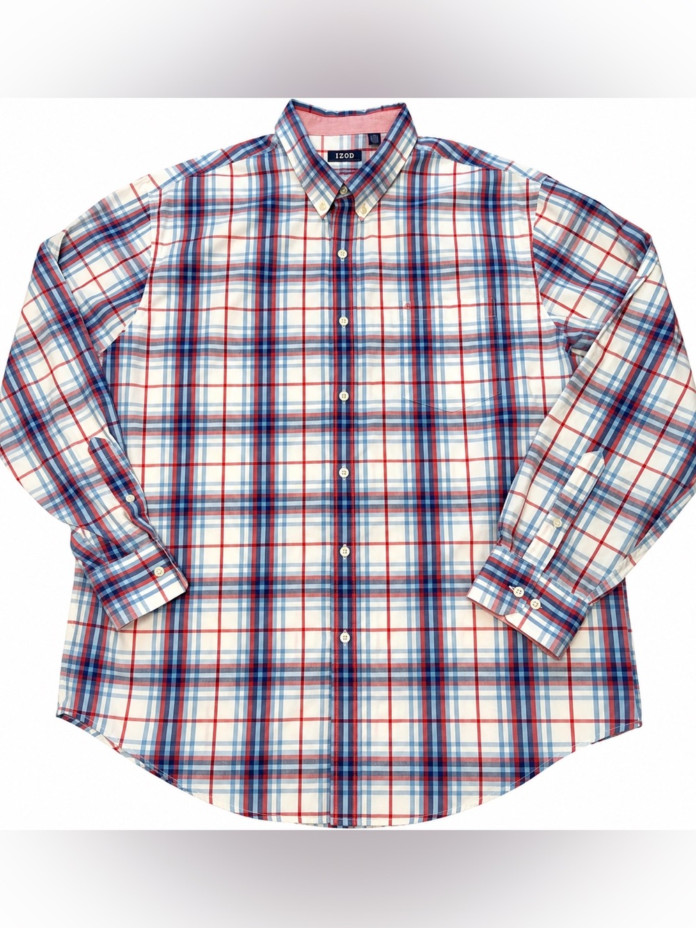 IZOD Premium Essentials Men’s XL Plaid Long Sleeve Button Down Shirt Red Blue